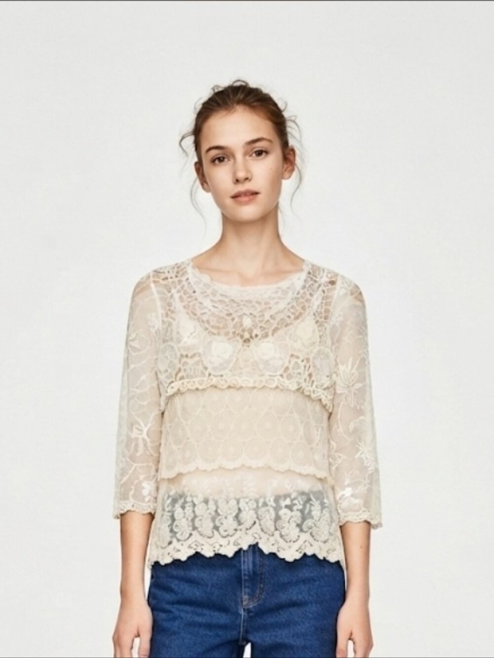 Zara Cream Lace Sheer Blouse Size S